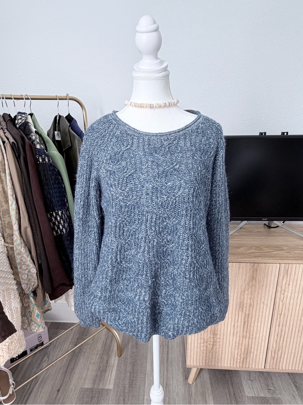 Sonoma Heathered Blue Cable Crewneck Sweater